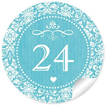 48 DIY Adventskalenderzahlen TÜRKIS ORNAMENTE für einen DIY Adventskalender Papiertüten zum selber basteln 1 – 24 • Format 4 cm, rund, matt