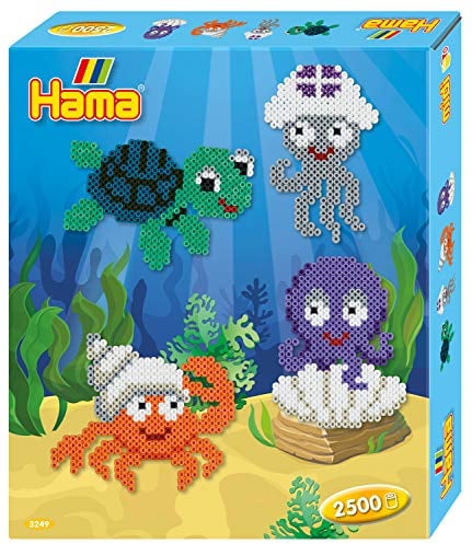 Hama Perlen 3249 Geschenk-Set Unter Wasser mit ca. 2.500 bunten Midi Bügelperlen mit Durchmesser 5 mm, Motivvorlage und Stiftplatte, inkl. Bügelpapier, kreativer Bastelspaß für Groß und Klein