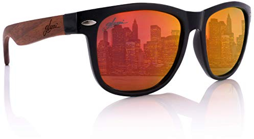 glozzi Sonnenbrille Herren und Damen Holz Verspiegelt Polarisiert und Entspiegelt UV400 Rot mit Holzbügeln aus Walnuss und Brillenetui aus Kork
