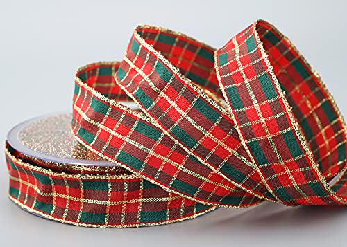20 m x 25 mm Karo Weihnachtsband GRÜN ROT GOLD (123) mit Lurex Drahtkantenband Dekoband Geschenkband Schottenkaro Glanzband Goldkante Draht Schleifenband Winter Christmas Check