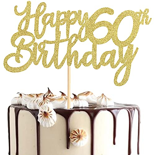 XCOZU Happy 60th Birthday Cake Toppers, 3 Pcs Gold Cake Decorations for Women Man 60th Birthday Cakes Cupcakes, Glitter Cake Topper Banner Decoration for Cheers to 60 Fabulous Birthday Party Supplies