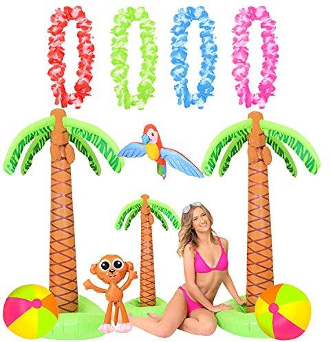 Deluxe Summer Inflatable Accessory Set - 2x 6ft Palm Trees, 3ft Palm Tree, 2x Beachballs, Parrot, Monkey and 4x Hawaiian Leis - Summer Fun Beach Pool Party Fancy Dress Accessory Decorations