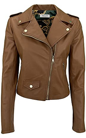 JOPHY & CO. Giacca Corta Donna Vera Pelle Moto Vintage con Tasche e Cerniere (cod. 207939 & 207968) (Camel (cod. 188468), M)