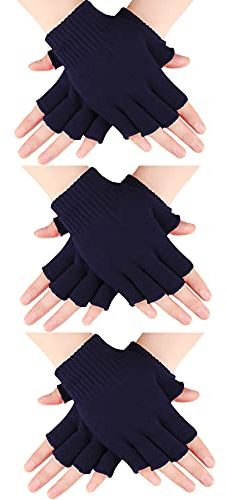 SATINIOR 3 Paar fingerlose Handschuhe für Damen, Winter, Halbfinger, Strickhandschuhe für Damen und Herren, Blau, Marineblau, Einheitsgröße