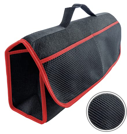 L & P Car Design Borsa organizer per bagagliaio, per auto, bagagliaio, con chiusura in velcro (nero rosso)