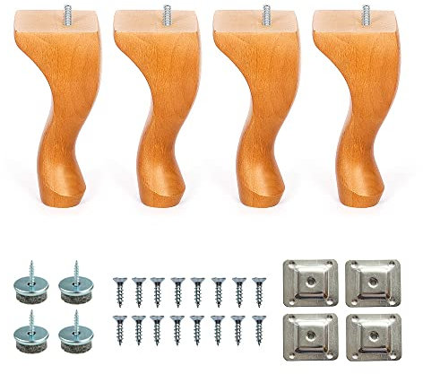 7'' Queen Anne Wooden Furniture Replacement Legs Sand Oak M8 Thread With Level Mounting Plates Protective Felt Pads Set Of 4 Replacement Legs For Sofa Cabinet Footstool Chair Bed Ottoman