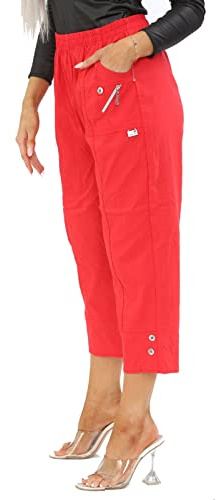 AFR Women Capri Trousers Cropped Pants Ladies 3/4 Three Quarter Length Stretch Pull On Elasticated UK Size 10-24 (Red, 10)