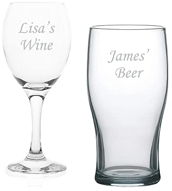 EIO Gifts Personalised Wine and Tulip Beer Glass Gift Set - Engraved with Any Custom Text
