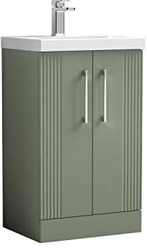 nuie DPF823D Deco Modern Bathroom Floor Standing 2 Door Part Fluted Vanity Basin Unit with Thin-Edge Ceramic Basin, 500mm, Satin Green