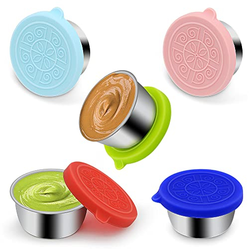 Salatdressing Behälter, 5x50ml Edelstahl Gewürzbehälter mit Silikon Deckel, Kleine Auslaufsichere Bento Box Zubehör Dip Behälter, Wiederverwendbare Mini Saucenbehälter, Snack Box Lebensmittelbehälter