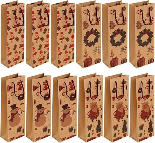 Yukiyi 12 Pcs Brown Kraft Paper Christmas Wine Bottle Gift Bags, Fits 750ml Bottles, 4 Christmas Patterns, Santa Claus, Snowman, Wreath, Bells Wrapping, Party Favors