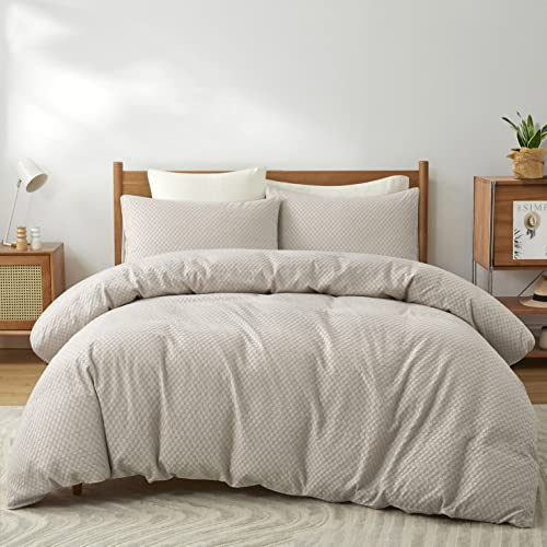 Coastline Stylish Ruched crinkle Square Allover White Quilt duvet cover with pillow case bedding set,Single/Double/King/Superking (Linen, Superking)