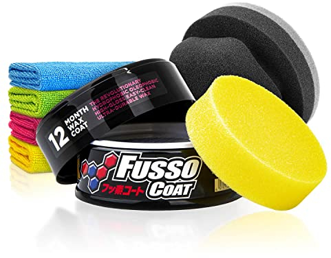 Soft99 Fusso Coat Dark 12 Months (200g) Auto Wachs Versiegelung Set - Auto Hartwachss mit Langzeitschutz & Glanz für schwarze & dunkle Lacke - Wax, Lackversiegelung, Langzeitversiegelung | 7-teilig