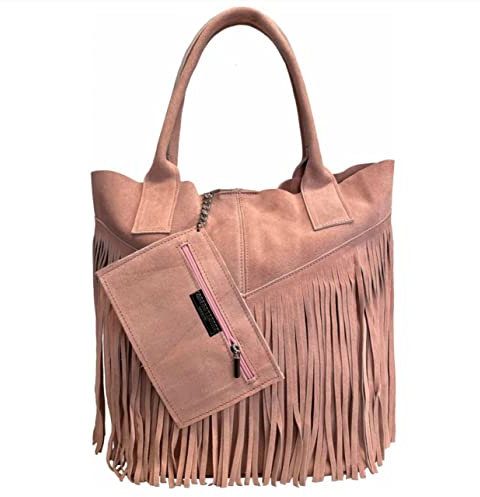 Modarno Borsa shopper da donna in vera pelle scamosciata con frangia più custodia per gioielli dello stesso colore - Borsa a mano - Borsa a spalla (Rosa)