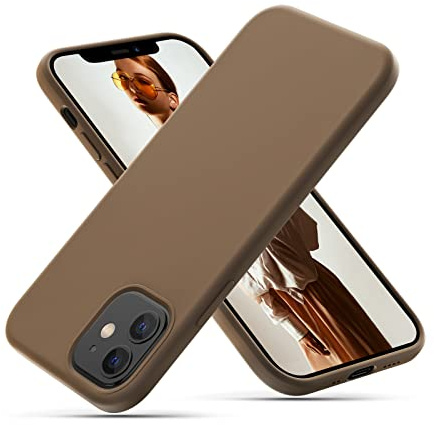 CALOOP Liquid Silicone Case Designed for iPhone 12 Mini Case 5.4 inch, Full Body Protective Covered Silky-Soft Anti-Scratch Gel Rubber Slim Shockproof Cover with Microfiber Lining, Light Brown