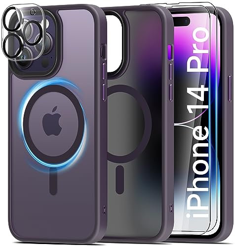 Mootobo 4 in 1 Magnetic Case for iPhone 14 Pro Compatible with MagSafe,Translucent Frosted Back Scratchproof Dropproof Case with 2 Pack Screen Screen Protector + Lens Protector 6.1 inch - Deep Purple
