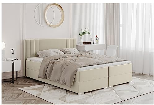 MEBLINI Boxspringbett mit Bettkasten - Gepolstert Doppelbett mit Matratze und Topper - Polsterbett mit Stauraum - Bett mit Kopfteil - Stauraumbett - ALBA - 140x200 - H3B/Beige Samt
