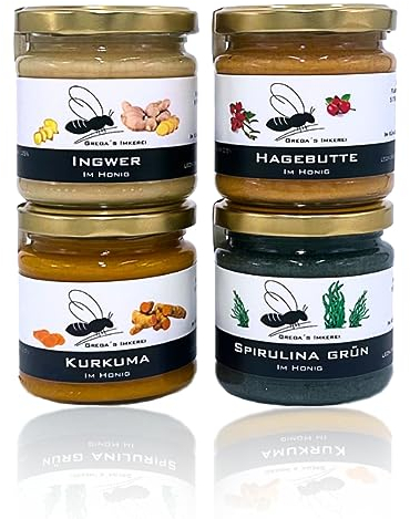Gregas Imkerei Honig 4er Immubox – Cremiger Bienenhonig aus Familienimkerei mit Ingwer, Hagebutte, Spirulina Grün & Kurkuma verfeinert – Probier- & Geschenkset | 4x 250g