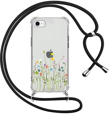 Yoedge Handyband Handyhülle für iPhone 8/7/SE 2020/SE 2022 4,7 Hülle mit Band, Silikon TPU + PC Stoßfest Schutzhülle mit Kordel zum Umhängen, Durchsichtig Case mit Aesthetic Muster, Blumen 2