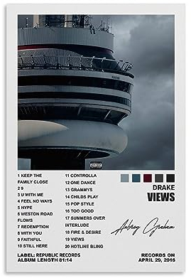 YELLOWV Drake Poster Views Album Cover Poster für Zimmer Ästhetische Leinwand Wandkunst Schlafzimmer Dekor 40 x 60 cm