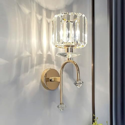 Sxtiger Moderne Goldene Kristall Wandleuchte, E14 Schlafzimmer Wandlampe LED Kristall Wand Lampen, Gold Kristallwandleuchte für Wohnzimmer Korridor Esszimmer Flur Innen (Gold-A)