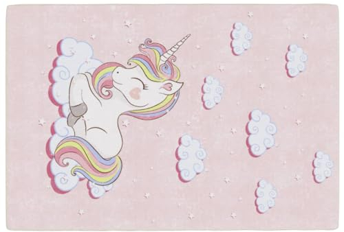 vidaXL Kinderteppich, Waschbar Spielteppich mit Einhorn Muster, Teppich Bodenteppich rutschfest Pflegeleicht, Kurzflor Matte Vorleger Kinderzimmer, Rosa 160x230cm