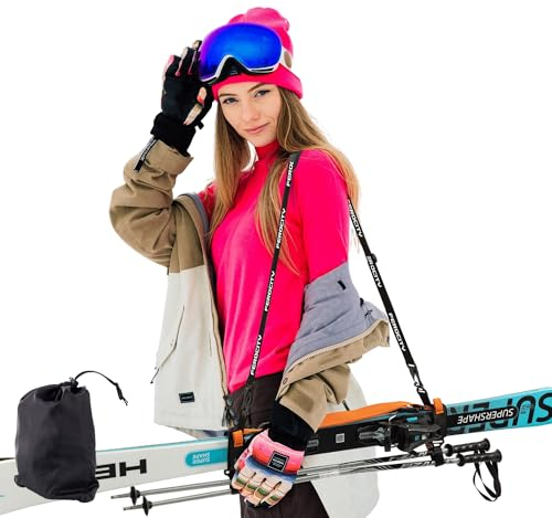 Ferocity Universal Ski Tragegurt mit verstellbarem Gummi Schultergurt für Männer und Frauen + Handgriff | Size: 110 cm bis 178 cm | – Hände frei, sicher und bequem transportieren | Orange [053]