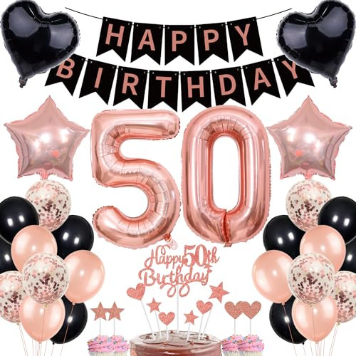 50th Birthday Decorations for Women - Rose Gold Black Cake Topper Set With Banner and Gift
