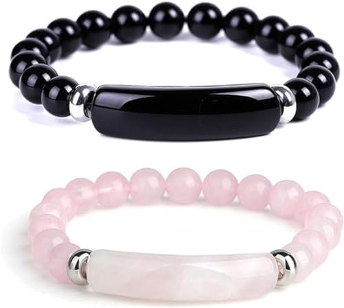 Pheromone Bracelet,Natural Pink Pheromone Bracelets 8mm Stretch Beaded Bangles,Rose Quartz Pheromone Bracelet,Handmade Good Luck Energy Chakra Stone Beaded Bangle for Women and Men (Pink+Black)