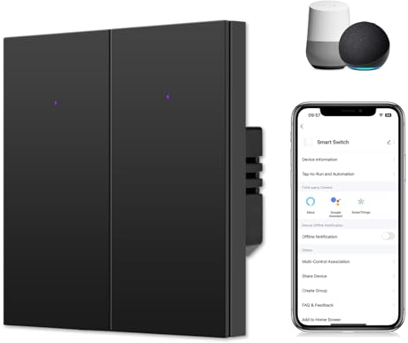 CNBINGO Interruttore della luce intelligente da incasso, colore nero, doppio interruttore da parete Wi-Fi con Alexa, interruttore WiFi con LED di stato, multicontrollo, timer,