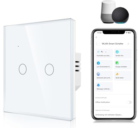 CNBINGO Smart Touch Lichtschalter in Weiß - zweifach WLAN Wandschalter Arbeit mit Alexa, Google Assistant - Glas Wandschalter Unterputz - Mehrkontroll, Timer, Zeitplan - 1 Fach