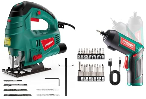Scie Sauteuse HYCHIKA 800W, Avec Moteur en Cuivre Puissant, 800-3000SPM Tours & Visseuse Sans Fil 6Nm, HYCHIKA Visseuse Devisseuse sans Fil 2000mAh 3.6V avec 20 accessoires, lampe LED, mandrin