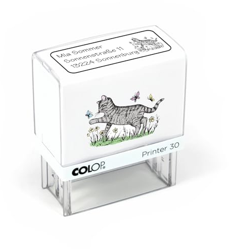 Dekolando personalisierter Kinderstempel mit Namen und Adresse – Namensstempel für Kinder mit Motiv Katze - Kätzchen Adressstempel für Schüler/Schule - Geschenk zur Einschulung