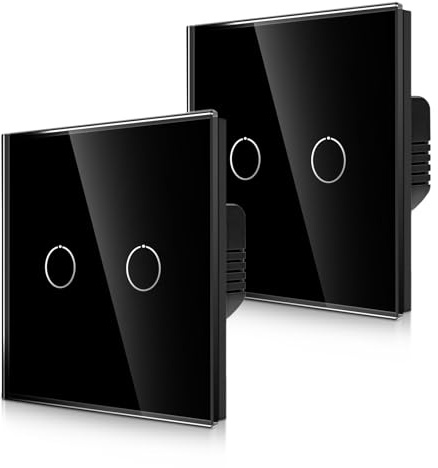 CNBINGO 2-Way Touch Light Switch - Black Wall Switch with Glass Panel and Status LED Backlight - No Neutral Wire Required - Only Pair with This 2-Way Switch Series - 2 Gang - 2 Pack