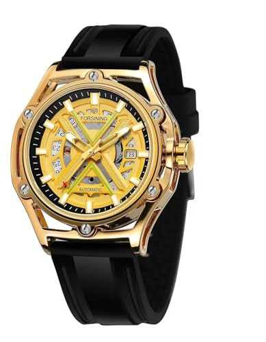 DAXIAOYU Mechanische Automatikuhr mit gelbem Roboter-X-Design, transparentes Skelett-Gummiband, luxuriöse Uhr