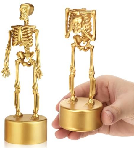 TOYANDONA Halloween Skelett Trophäen Set, 2 Stück Kunststoff Deko Figuren | Gold Skelett Figuren (17 cm & 14,5 cm), Halloween Pokale für Kostümwettbewerb, Party Dekoration und Tischdeko aus Kunststoff