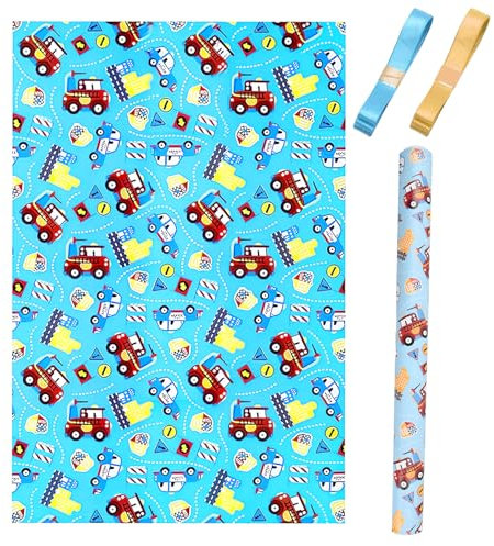 51 * 75cm papier cadeau bleu car papier cadeau anniversaire rouleau papier cadeau emballage cadeau papier cadeau enfant Coffret cadeau d'anniversaire pour garçon avec 2 rubans (or, bleu ciel)