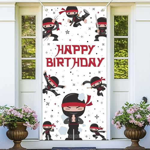 Ninja Happy Birthday Banner Hintergrund Cartoon Japanischer Stil Ninja Thema Türdekoration für Kinder Jungen Mädchen Krieger Geburtstag Party Dekorationen Fotostudio Requisiten Zubehör 89,9 x 184,9 cm