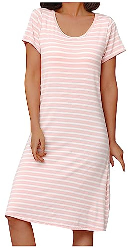 Robes Pyjama Femme Manches Courtes En Coton,Nuisette Femme Imprimé Rayures Col Rond Décontractée Chemise De Nuit Léger Respirant Pyjama Femme Grande Taille Vêtements De Nuit Ensemble Pas Cher