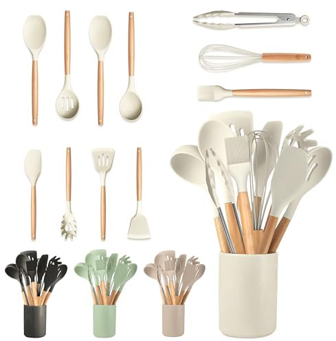 JUPPLIES 12 Piezas Juego de Utensilios de Cocina de Silicona con Mangos de Madera - Accesorios de Cocina Resistente al Calor - Utensilios Cozinha Apto para Todas Las Ollas y Sartenes - Beige