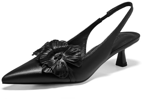 Coutgo Womens Slingback Kitten Heels Flower Closed Pointed Toe Pumps Wedding Party Dress Sandals Shoes, Black, Size 9
