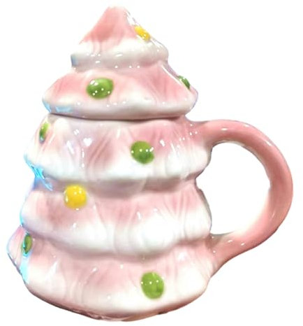 400ml/13.5oz Christmas Ceramic Mug With Lid Milk Coffee Cup-Christmas Tree (Pink)
