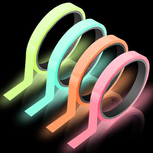 4 Rollen Fluoreszierendes Klebeband 5m × 10mm, Wasserfestes und Selbstklebendes Leuchtendes Klebeband, Markierungsband, Warnband, für Treppen, Bereichsmarkierungen und Nächtliche Dekorationen