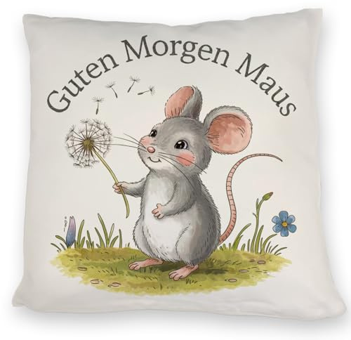 speecheese Maus mit Löwenzahn - Guten Morgen Kissen Fröhliche Blumenillustration auf Wiese ideales Zuhause-Geschenk für einen Guten Morgen