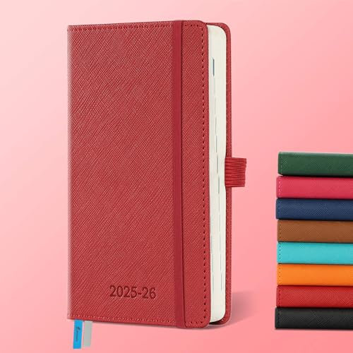 IN-LUXPRO Kalender 2025 2026 Wochenplaner,18-Monate Buchkalender (Jul.2025-Dez.2026) Monatskalender mit Ausgaben & Notizseiten A6(16.4 x 9.6 cm),mit Vegan-Leder & Notizseiten,Rot.