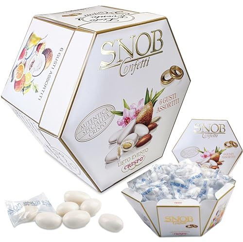 Confetti Snob Bianchi Crispo Lieto Evento Matrimonio 500 grammi, Gusti Assortiti, con Mandorla al Cioccolato Bianco, Made in Italy per Bomboniera Confettata, Imbustati Singolarmente