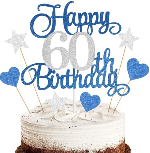 Anlgdi Tortendeko Happy 60th Birthday Deko Kuchen Topper 60. Geburtstag Frau, Cake Topper 60. Geburtstag Mann Blau, Kuchendeko 60 Jahre Torte Kuchen Deko für Geburstagstorte Deko 60. Männer Frauen