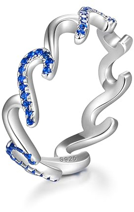 EVER FAITH Blau Welle Band Ring Zierlich 925 Sterling Silber Cubic Zirkonia Ozean Strand Meer Hochzeit Band Hawaii Ring Urlaub Sommer Schmuck Geschenk für Damen