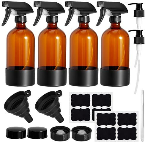 Kuleyng 500ml Amber Glass Spray Bottles – Pack of 4 | Refillable Empty Sprayers with Adjustable Nozzle for Cleaning, Plants, Essential Oils & Hair Care | UV Protection for Sensitive Liquids