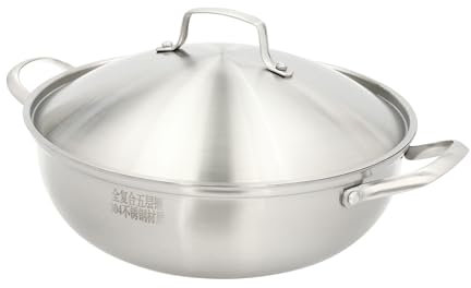 TkkMivcOC Stainless Steel Wok Pan with Glass Lid, Round Deep Frying Pan, Hot Pot Steamer with Steaming Rack, for Kitchen Induction Gas Stoves Electric Ceramic, 500°F Oven, Silver (32cm)